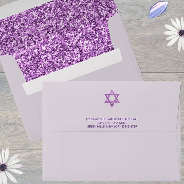 Glam Purple Elegant Return Address Bat Mitzvah Envelope (Matching envelopes for your purple glam Bat Mitzvah invitation suite)