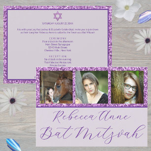 Glam Purple Elegant Script 3 Photo Bat Mitzvah Invitation