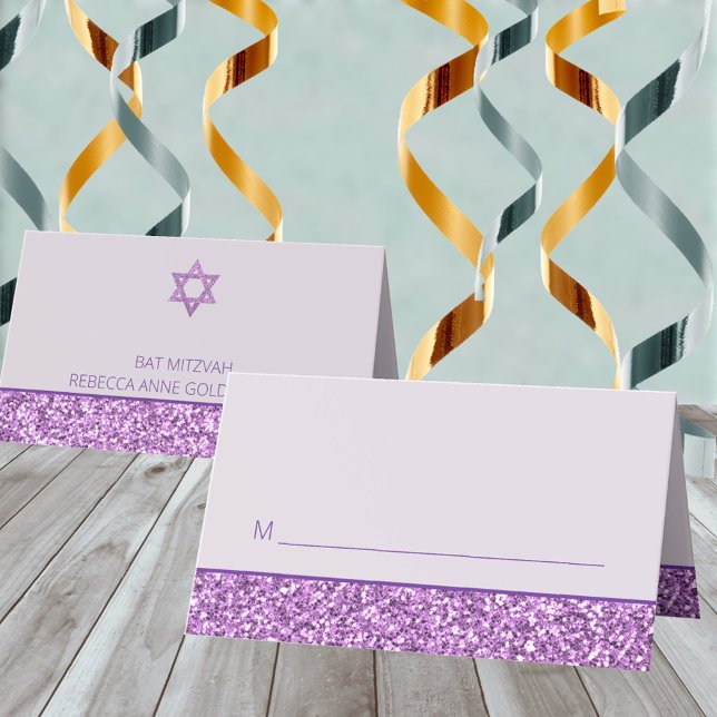 Glam Purple Fun Seating For Bat Mitzvah Party Place Card (So simple to customize these purple faux glitter Bat Mitzvah party place cards)