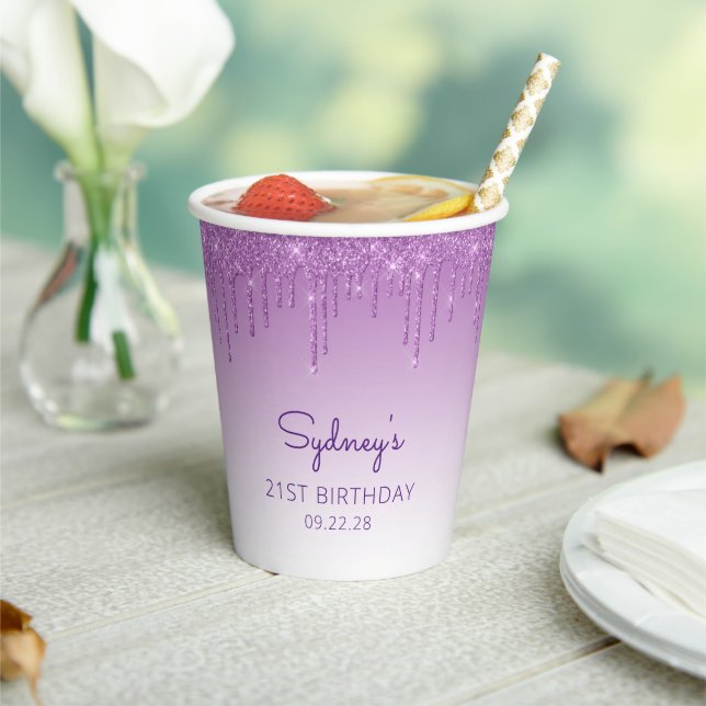 Glam Purple Glitter Drip 21st Birthday Party Paper Cups (Insitu)