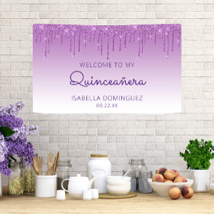 Glam Purple Glitter Drip Quinceañera Banner