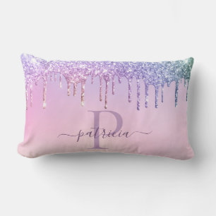 Glam Purple Glitter Drips Elegant Monogram  Lumbar Cushion