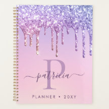 Glam Purple Glitter Drips Elegant Monogram Planner
