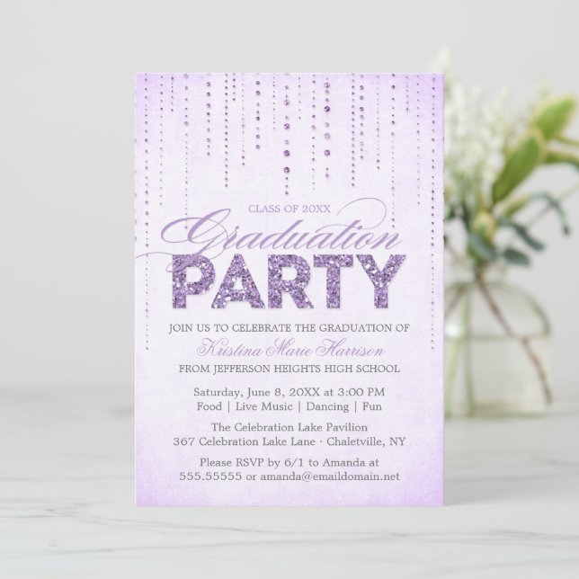 Glam Purple Glitter Gems Graduation Party Invitation (Standing Front)