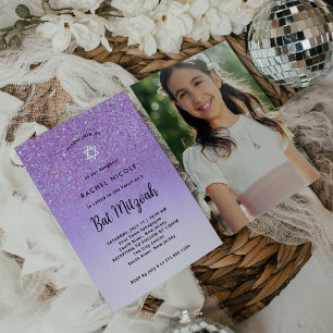 Glam Purple Glitter Look Bat Mitzvah Photo Back Invitation