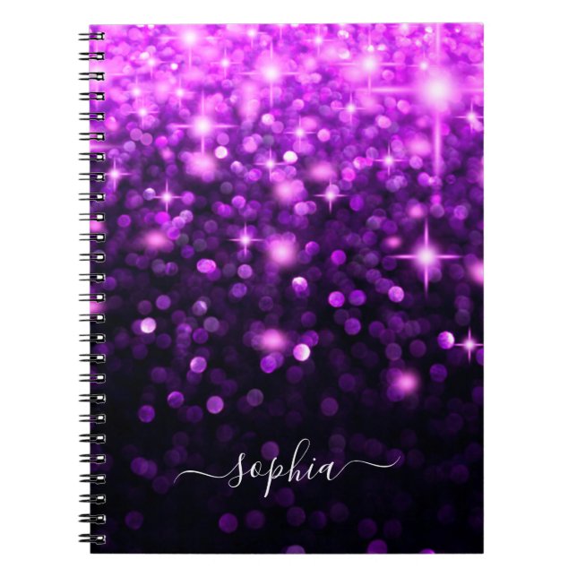 Glam Purple Glitter Sparkle Stars Notebook (Front)