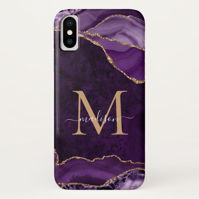 Glam Purple Gold Glitter Agate Gemstone Monogram Case-Mate iPhone Case (Back)