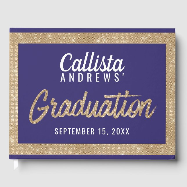 Glam Purple Gold Glitter Border Photo Graduation Guest Book (Front)