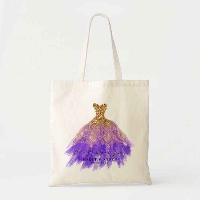 Glam Purple Gold Glitter Sparkle Dress Birthday Tote Bag (Front)