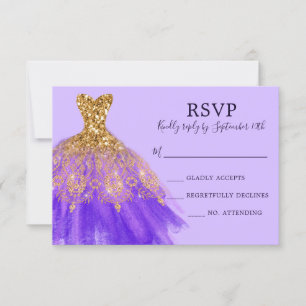 Glam Purple Gold Glitter Sparkle Dress Gown Script RSVP Card