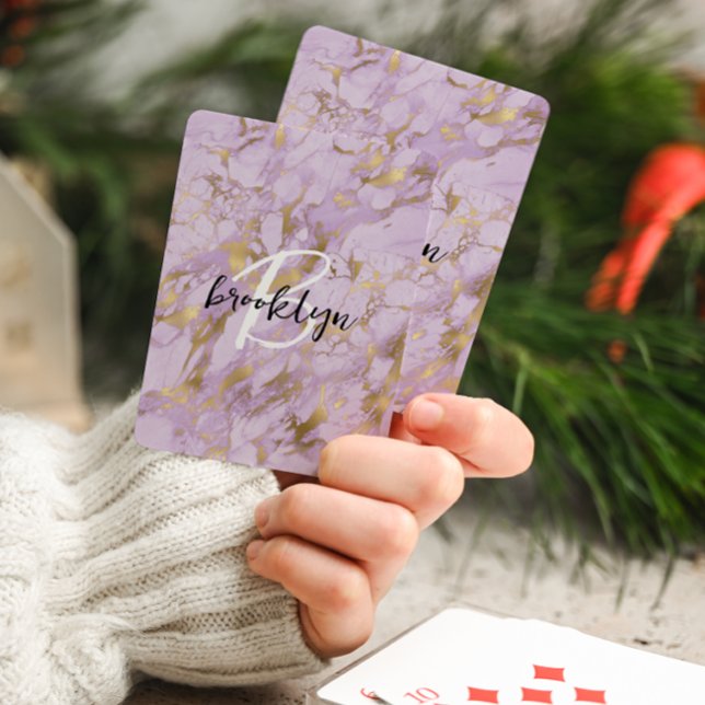Glam Purple Gold Marble Script Monogram  Playing Cards (Creator Uploaded)