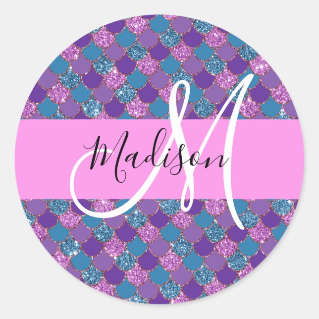 Glam Purple Mermaid Glitter Sparkles Monogram Name Classic Round Sticker (Front)