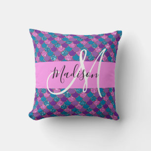 Glam Purple Mermaid Glitter Sparkles Monogram Name Cushion
