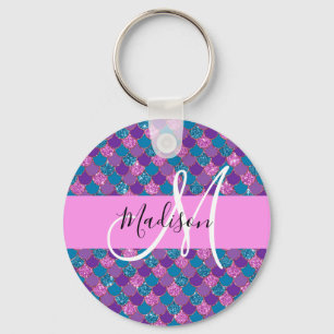 Glam Purple Mermaid Glitter Sparkles Monogram Name Key Ring