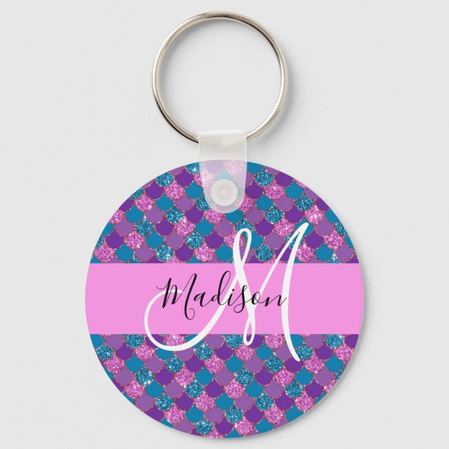 Glam Purple Mermaid Glitter Sparkles Monogram Name Key Ring (Front)
