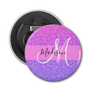 Glam Purple Pink Glitter Sparkle Gradient Monogram Bottle Opener