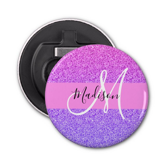 Glam Purple Pink Glitter Sparkle Gradient Monogram Bottle Opener (Front)
