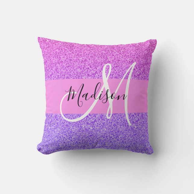 Glam Purple Pink Glitter Sparkle Gradient Monogram Cushion (Front)