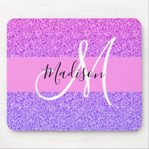 Glam Purple Pink Glitter Sparkle Gradient Monogram Mouse Pad
