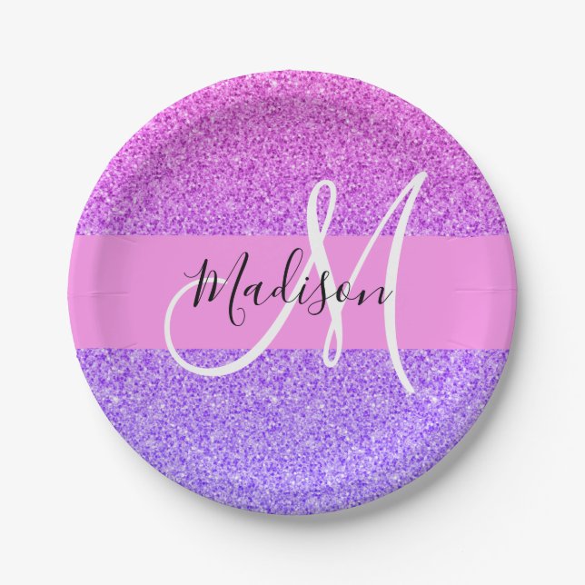 Glam Purple Pink Glitter Sparkle Gradient Monogram Paper Plate (Front)