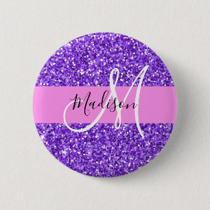 Glam Purple & Pink Glitter Sparkle Monogram Name 6 Cm Round Badge