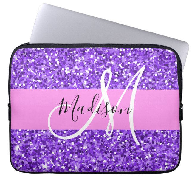 Glam Purple & Pink Glitter Sparkle Monogram Name Laptop Sleeve (Front)