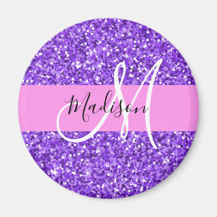 Glam Purple & Pink Glitter Sparkle Monogram Name Magnet