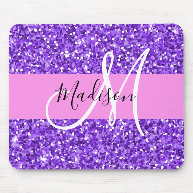 Glam Purple & Pink Glitter Sparkle Monogram Name Mouse Pad (Front)
