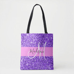 Glam Purple & Pink Glitter Sparkle Monogram Name Tote Bag