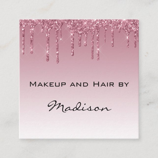 Glam Purple Rose Gold Glitter Drips Makeup Artist Square Business Card (Front)