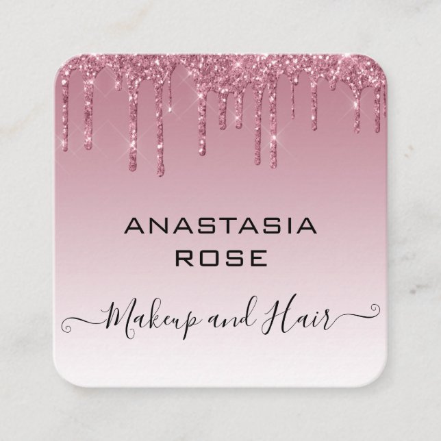Glam Purple Rose Gold Glitter Drips Makeup Artist Square Business Card (Front)