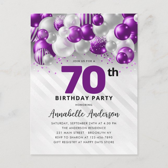Glam Purple Silver Balloon Glitter 70th Birthday  Postcard (Front)