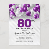Glam Purple Silver Balloon Glitter 80th Birthday