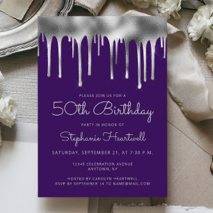 Glam Purple Silver Dripping Foil 50th Birthday Invitation