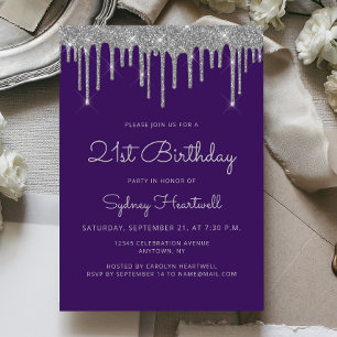 Glam Purple Silver Glitter Drip 21st Birthday Invitation