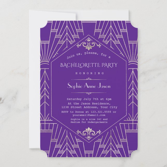 Glam Purple Silver Great Gatsby Bachelorette Party Invitation (Front)