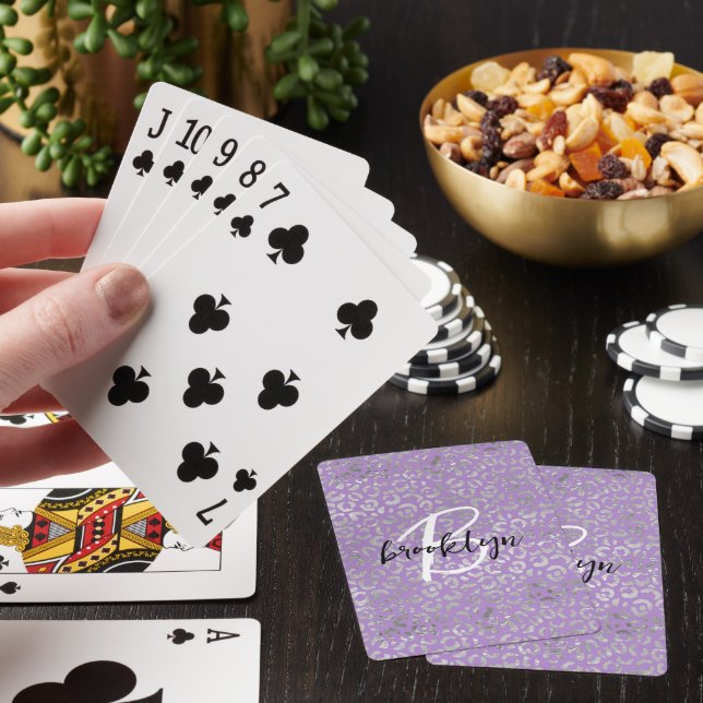 Glam Purple Silver Leopard Spots Script Monogram  Playing Cards (In Situ)