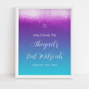 Glam Purple Teal Bat Mitzvah Welcome Sign Poster