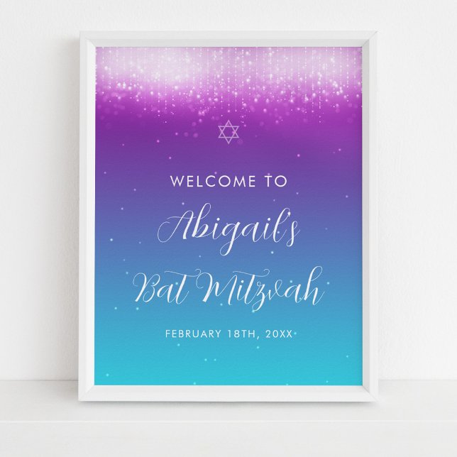 Glam Purple Teal Bat Mitzvah Welcome Sign Poster (Creator Uploaded)