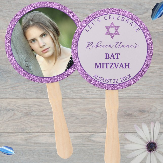 Glam Purple Trendy Girl Photo Bat Mitzvah Party Hand Fan (Just add your photo and custom text to these reversible Bat Mitzvah hand fans)
