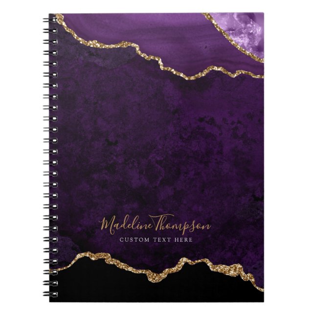 Glam Purple Velvet Agate Geode Gold Script Notebook (Front)