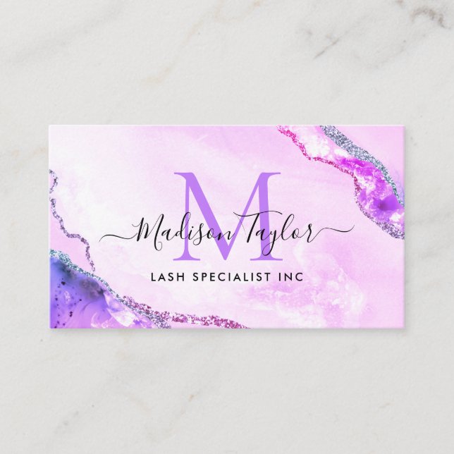 Glam Purple Violet Glitter Marble Agate Monogram Business Card (Front)