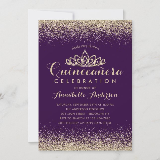 Glam Purple Violet Quinceañera Gold Tiara Glitter  Invitation (Front)