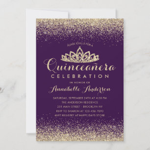 Glam Purple Violet Quinceañera Gold Tiara Glitter  Invitation