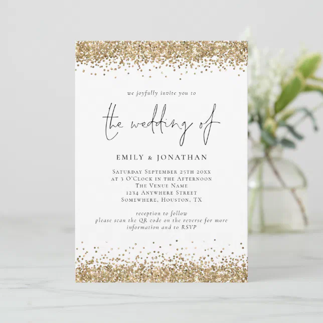 Glam QR Code Gold Glitter Borders Wedding Invitation | Zazzle