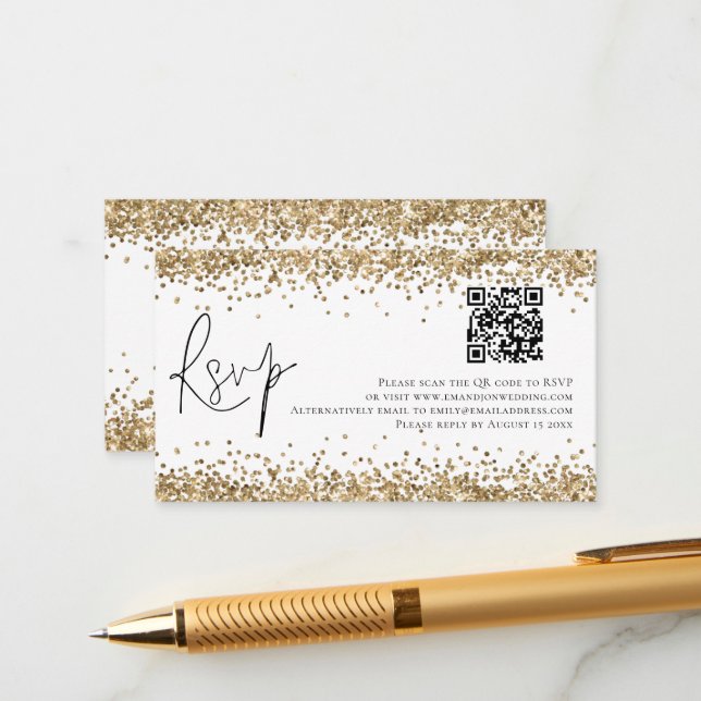 Glam QR Code Gold Glitter Wedding RSVP Enclosure Card (Front/Back In Situ)