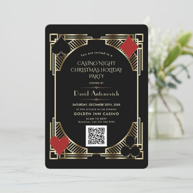Glam QR Code Vegas Casino Night Christmas Holiday  Invitation (Standing Front)