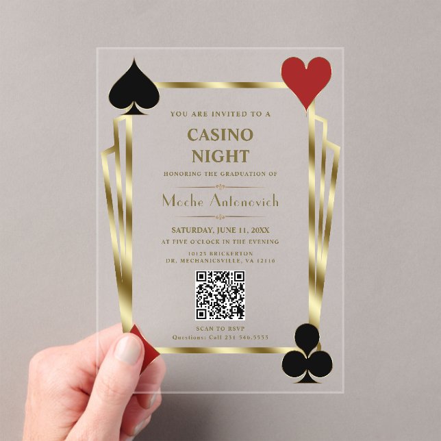 Glam QR Code Vegas Casino Night Man Graduation Acrylic Invitations (Insitu (Handheld))