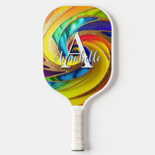 Glam Rainbow Abstract Pinwheel Monogram Pickleball Paddle