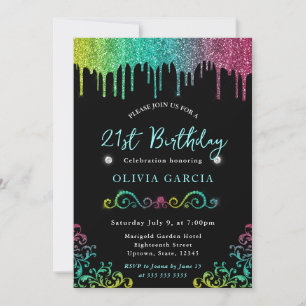Glam Rainbow Glitter 21st Birthday Invitation